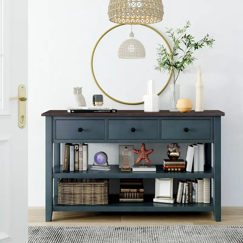 Mid-Century Style Console Table with 3 Drawers and 2 Open Shelves