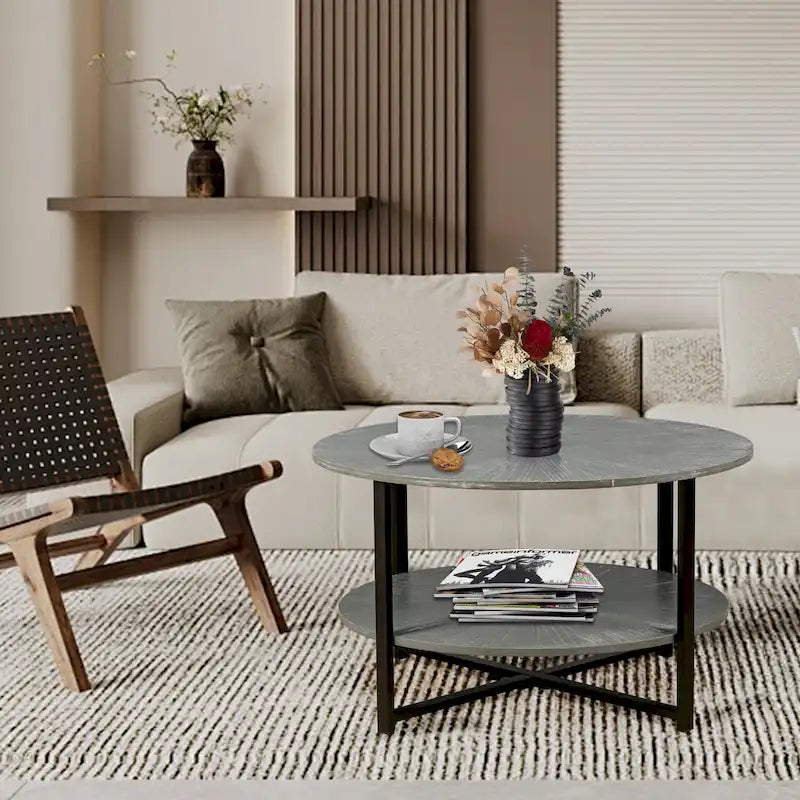 Runder Farmhouse-Couchtisch, 31.5, mit 2-stufigem Stauraum und Metallbein
