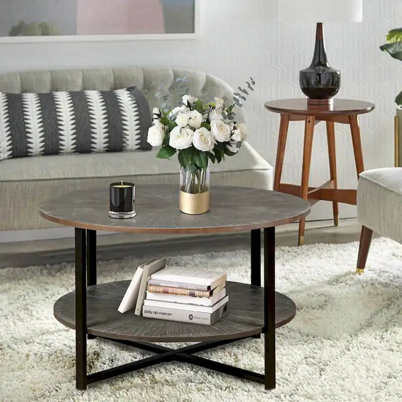 Runder Farmhouse-Couchtisch, 31.5, mit 2-stufigem Stauraum und Metallbein