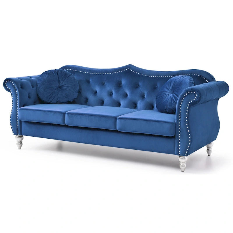 Velvet Tufted Chesterfield 3-Seater Sofa with Throw Pillows 82 Blue