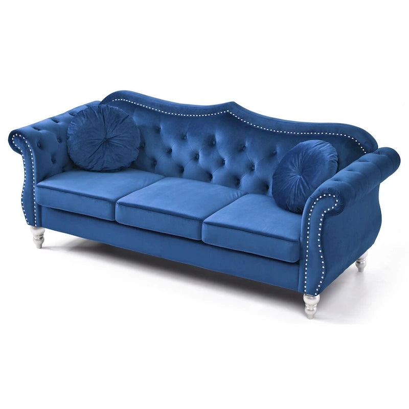 Sofá Chesterfield de 3 lugares em veludo capitoné com almofadas decorativas, azul 82