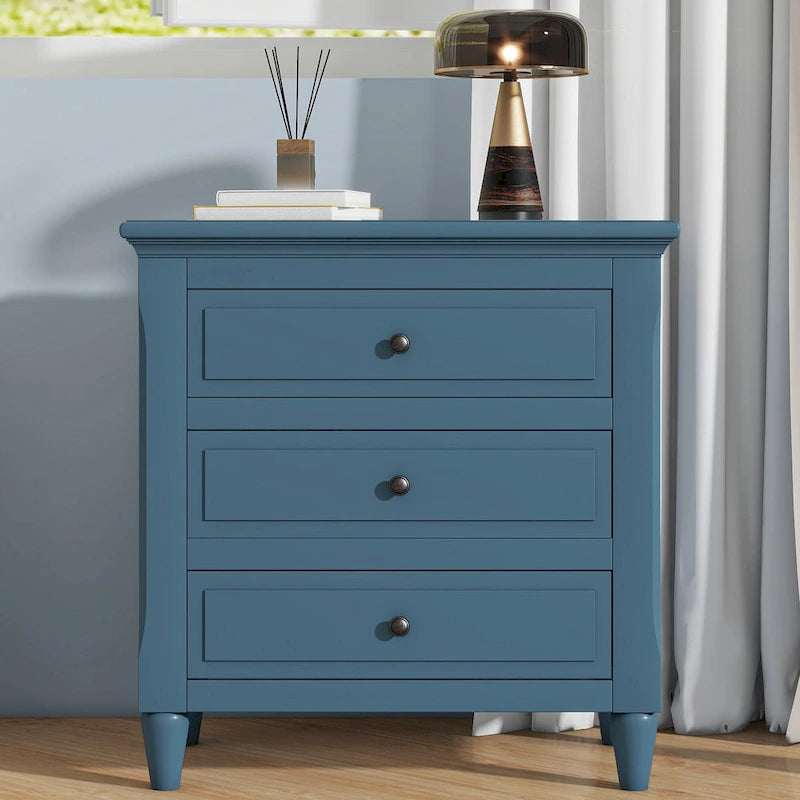 Mid-Century Modern Nightstand, Wooden Lockers with Metal Handle 3 Drawers, Entry Side Table with Solid Wood Legs