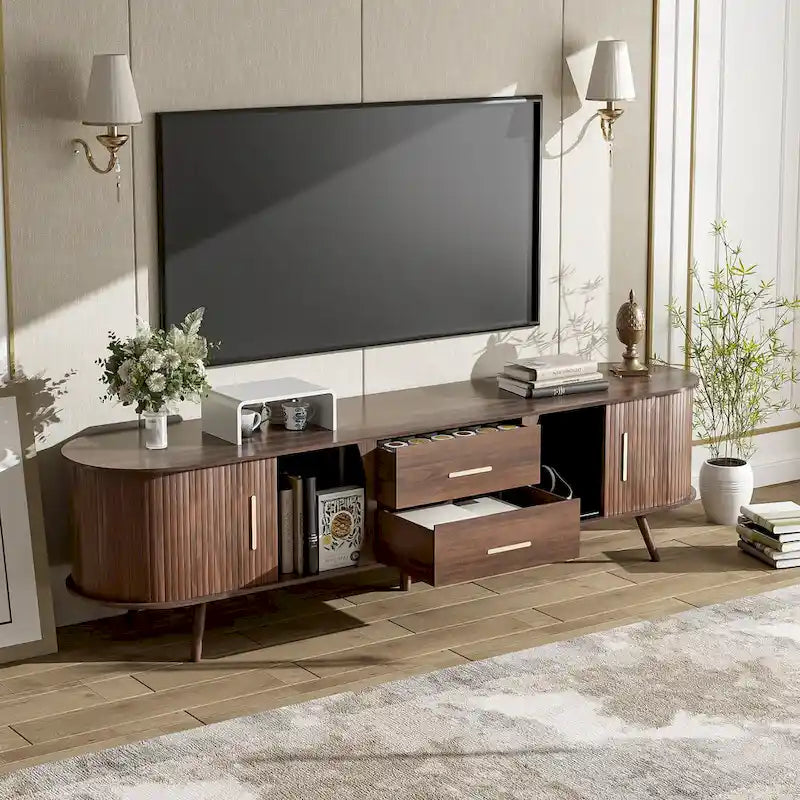 TV-Schrank im Mid-Century-Modern-Stil für 80-Zoll-Fernseher, Entertainment-Center mit Stauraum, Medienkonsolentisch mit 2 Schubladen
