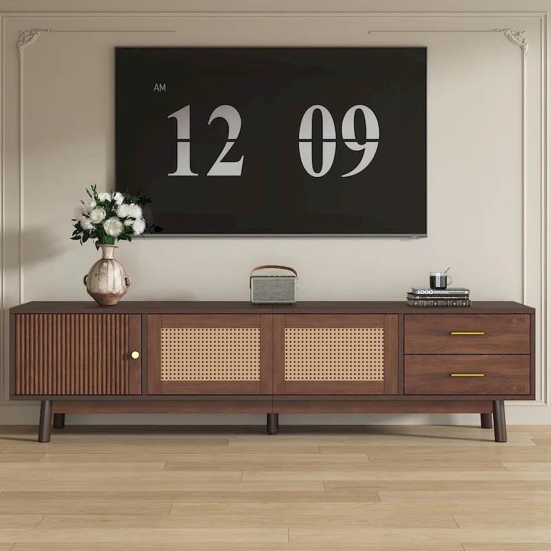 TV-Schrank im Mid-Century-Modern-Stil für 80-Zoll-Fernseher, Entertainment-Center mit Stauraum, Medienkonsolentisch mit 2 Schubladen