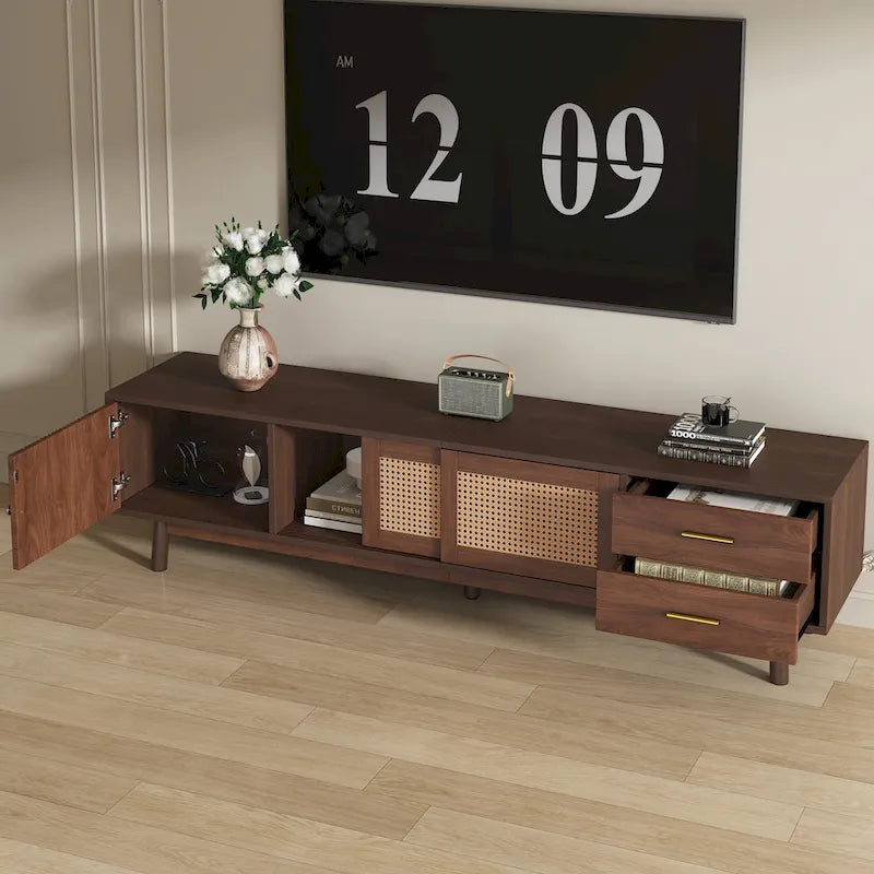 TV-Schrank im Mid-Century-Modern-Stil für 80-Zoll-Fernseher, Entertainment-Center mit Stauraum, Medienkonsolentisch mit 2 Schubladen