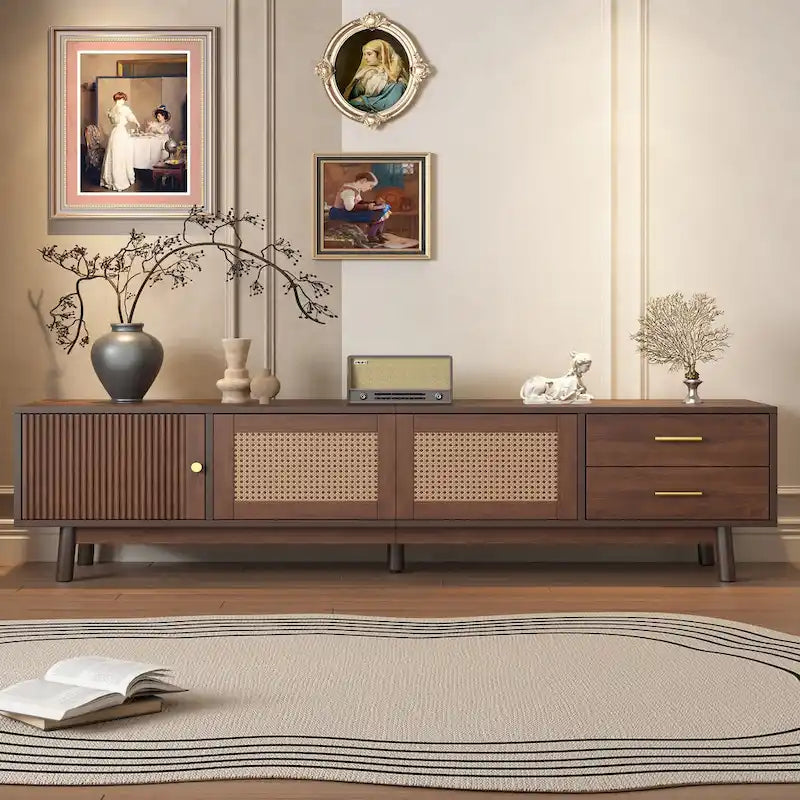 TV-Schrank im Mid-Century-Modern-Stil für 80-Zoll-Fernseher, Entertainment-Center mit Stauraum, Medienkonsolentisch mit 2 Schubladen