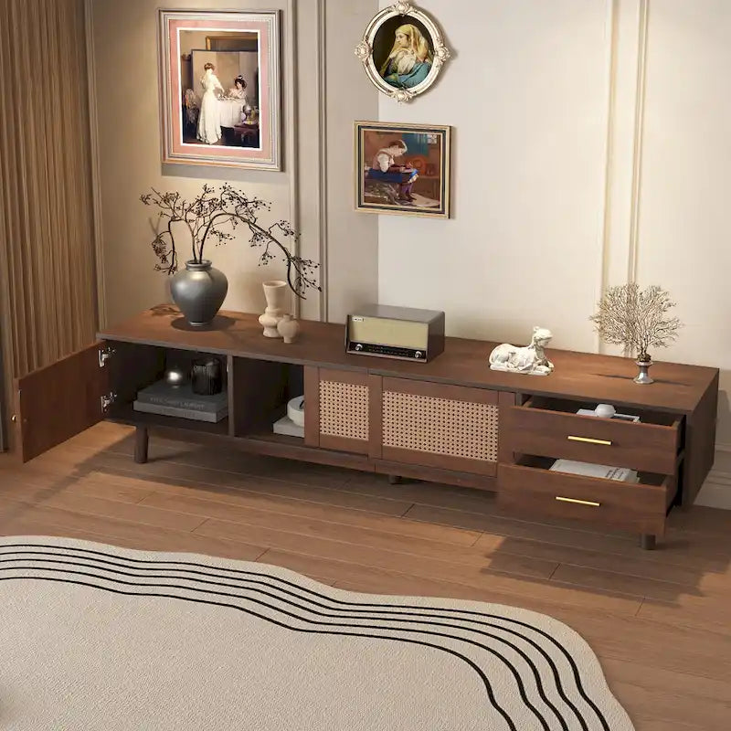 TV-Schrank im Mid-Century-Modern-Stil für 80-Zoll-Fernseher, Entertainment-Center mit Stauraum, Medienkonsolentisch mit 2 Schubladen
