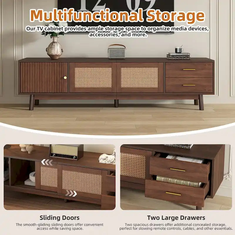 TV-Schrank im Mid-Century-Modern-Stil für 80-Zoll-Fernseher, Entertainment-Center mit Stauraum, Medienkonsolentisch mit 2 Schubladen