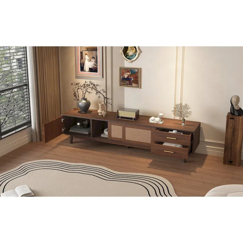 TV-Schrank im Mid-Century-Modern-Stil für 80-Zoll-Fernseher, Entertainment-Center mit Stauraum, Medienkonsolentisch mit 2 Schubladen
