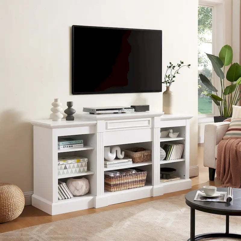 White 66 TV Stand with Large Cabinet & Adjustable Shelves for TVs Up to 65