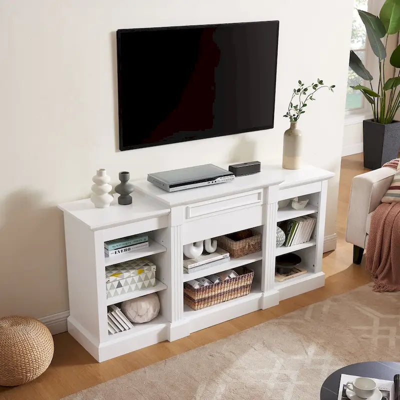 White 66 TV Stand with Large Cabinet & Adjustable Shelves for TVs Up to 65