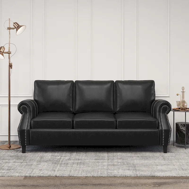 Czarna, nowoczesna sofa 3-osobowa 80 ze sztucznej skóry, z nogami z drewna brzozowego i ozdobnymi gwoździami do salonu