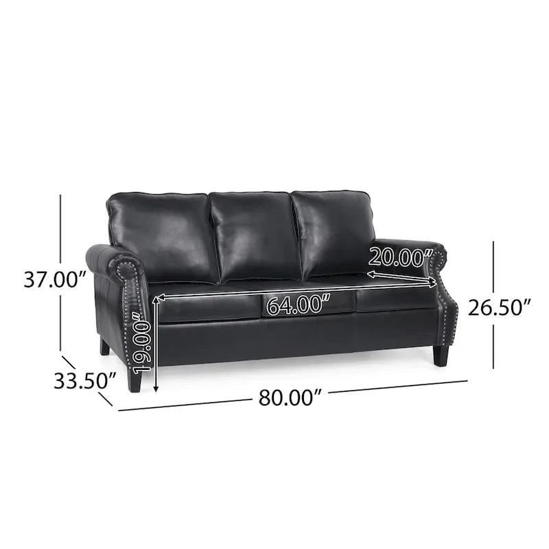 Czarna, nowoczesna sofa 3-osobowa 80 ze sztucznej skóry, z nogami z drewna brzozowego i ozdobnymi gwoździami do salonu