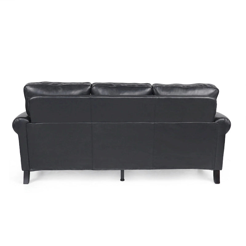 Czarna, nowoczesna sofa 3-osobowa 80 ze sztucznej skóry, z nogami z drewna brzozowego i ozdobnymi gwoździami do salonu