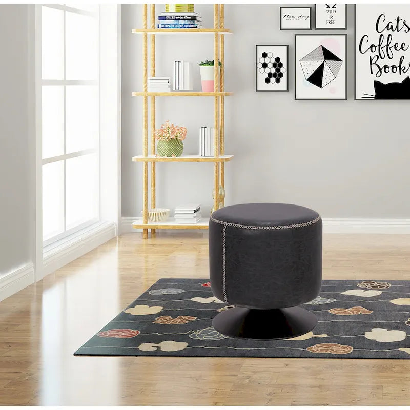 Pouf girevole rotondo vintage imbottito con cuciture decorative e base in metallo nero - più colori