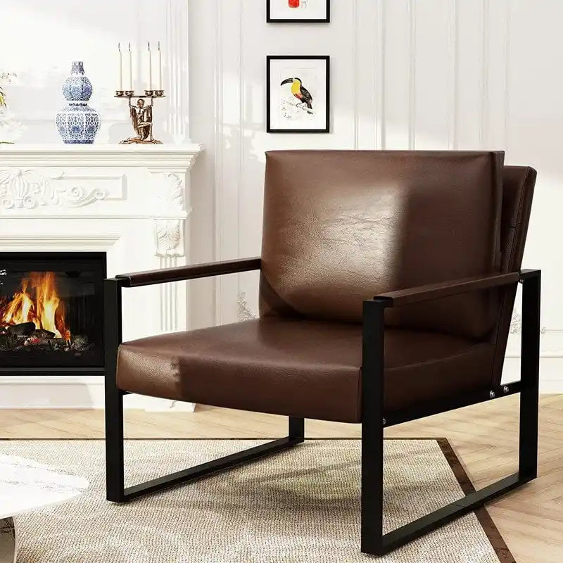 Poltrona moderna vintage in pelle PU, stile metà secolo, con struttura in acciaio