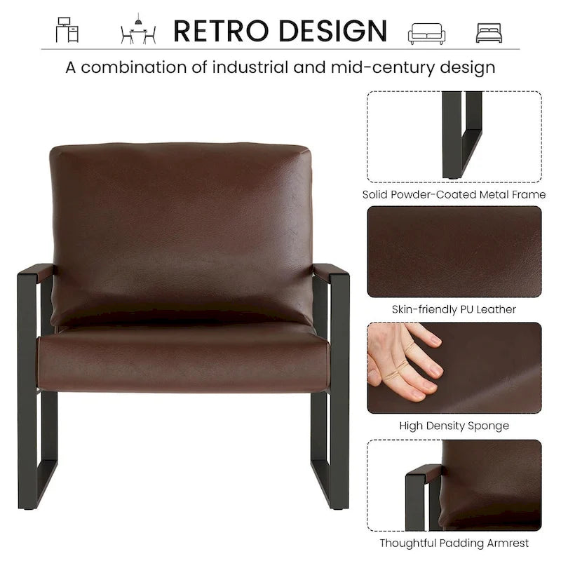 Poltrona moderna vintage in pelle PU, stile metà secolo, con struttura in acciaio