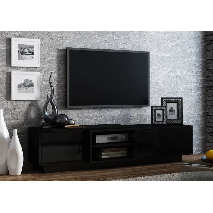 Mobile TV contemporaneo con armadietti laterali e ante lucide con apertura a pressione