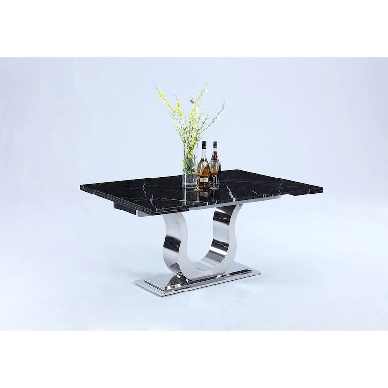 Tavolo da pranzo contemporaneo con piano in marmo Marquina nero e base in metallo