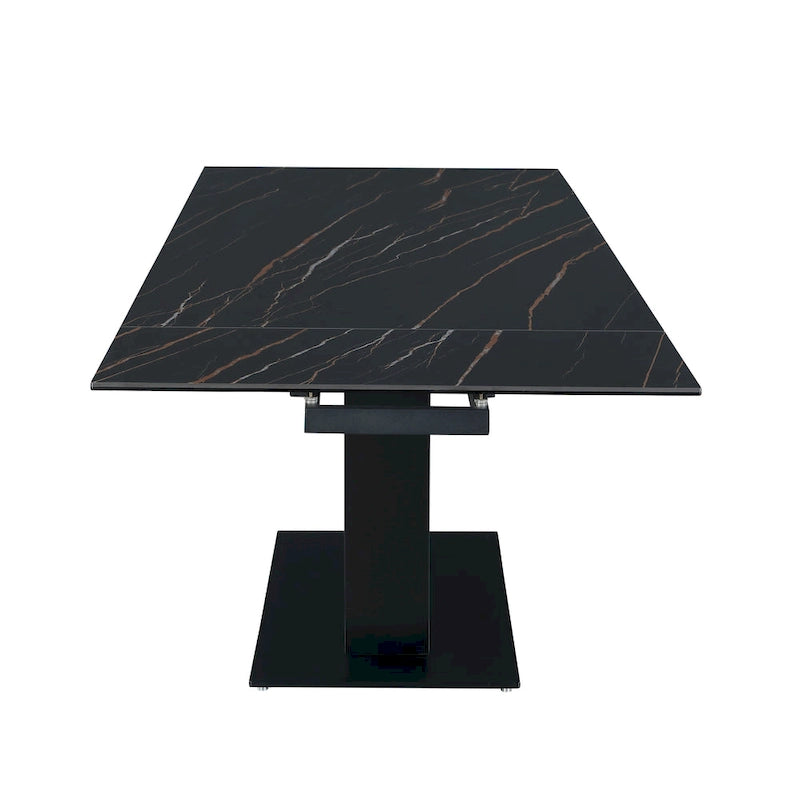 Extendable Sintered Stone Table with Wooden Pedestal and Glass Base