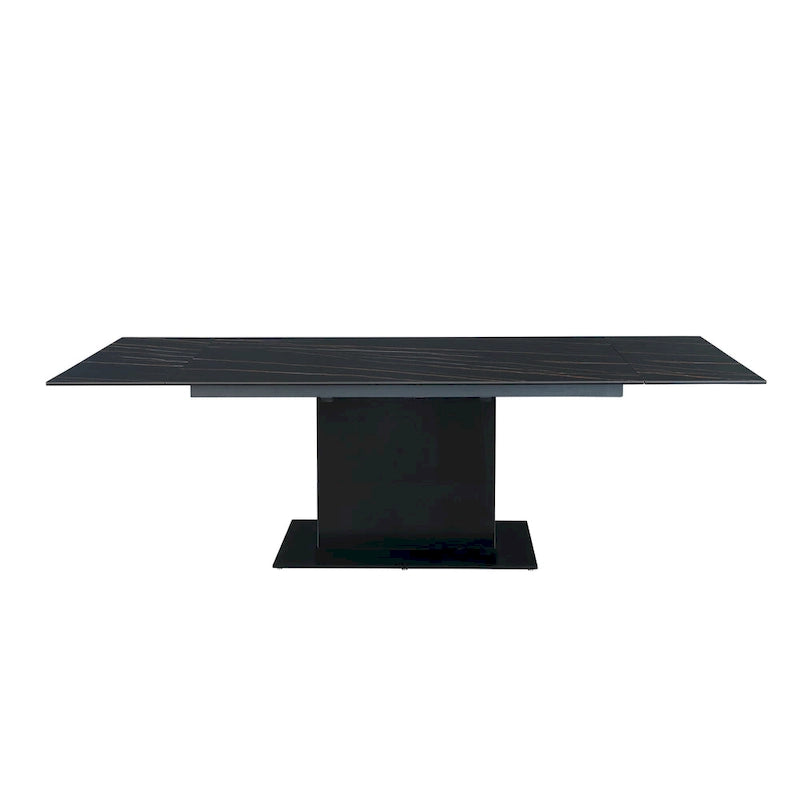 Extendable Sintered Stone Table with Wooden Pedestal and Glass Base
