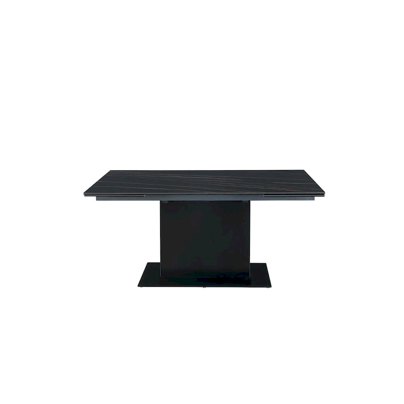 Extendable Sintered Stone Table with Wooden Pedestal and Glass Base