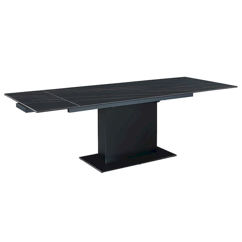 Extendable Sintered Stone Table with Wooden Pedestal and Glass Base