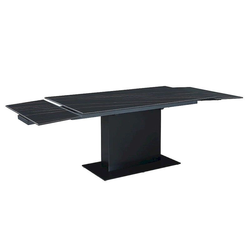 Extendable Sintered Stone Table with Wooden Pedestal and Glass Base