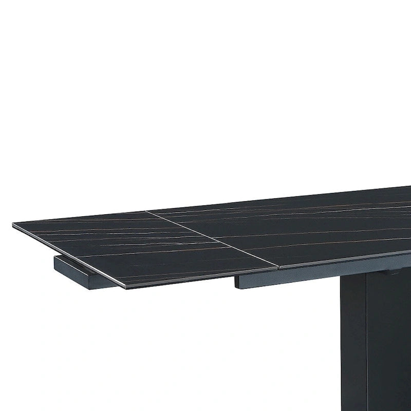Extendable Sintered Stone Table with Wooden Pedestal and Glass Base