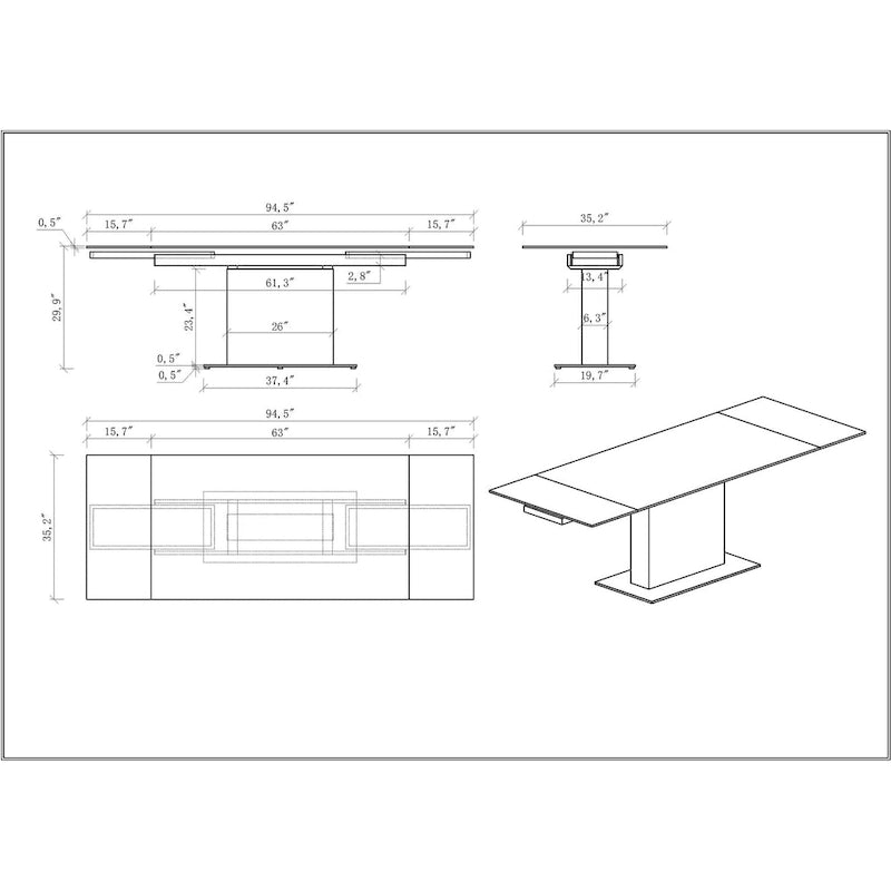Extendable Sintered Stone Table with Wooden Pedestal and Glass Base