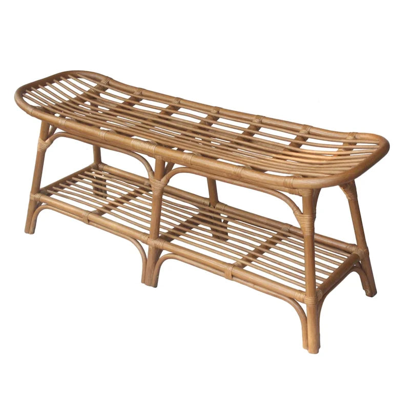Panca in rattan intrecciato a mano con ripiano aperto e vano portaoggetti inferiore
