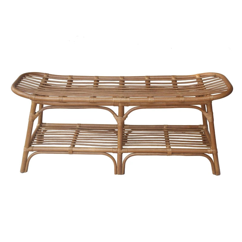 Panca in rattan intrecciato a mano con ripiano aperto e vano portaoggetti inferiore