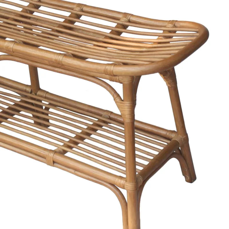 Panca in rattan intrecciato a mano con ripiano aperto e vano portaoggetti inferiore