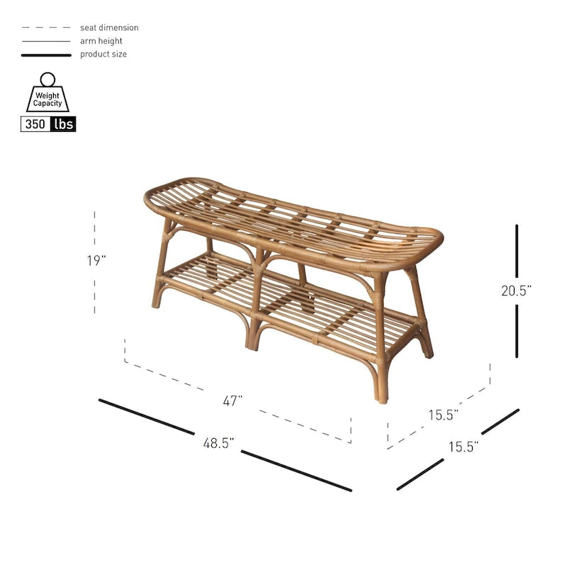 Panca in rattan intrecciato a mano con ripiano aperto e vano portaoggetti inferiore