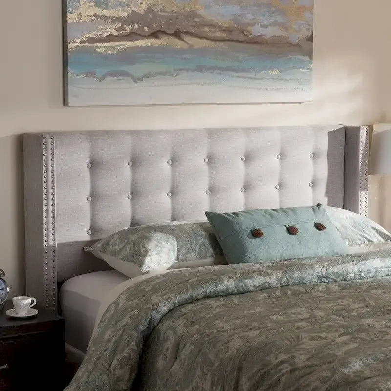 Contemporary Winged Fabric Upholstered Headboard with Diamond Button Tufting and Silver Nail Head Trim