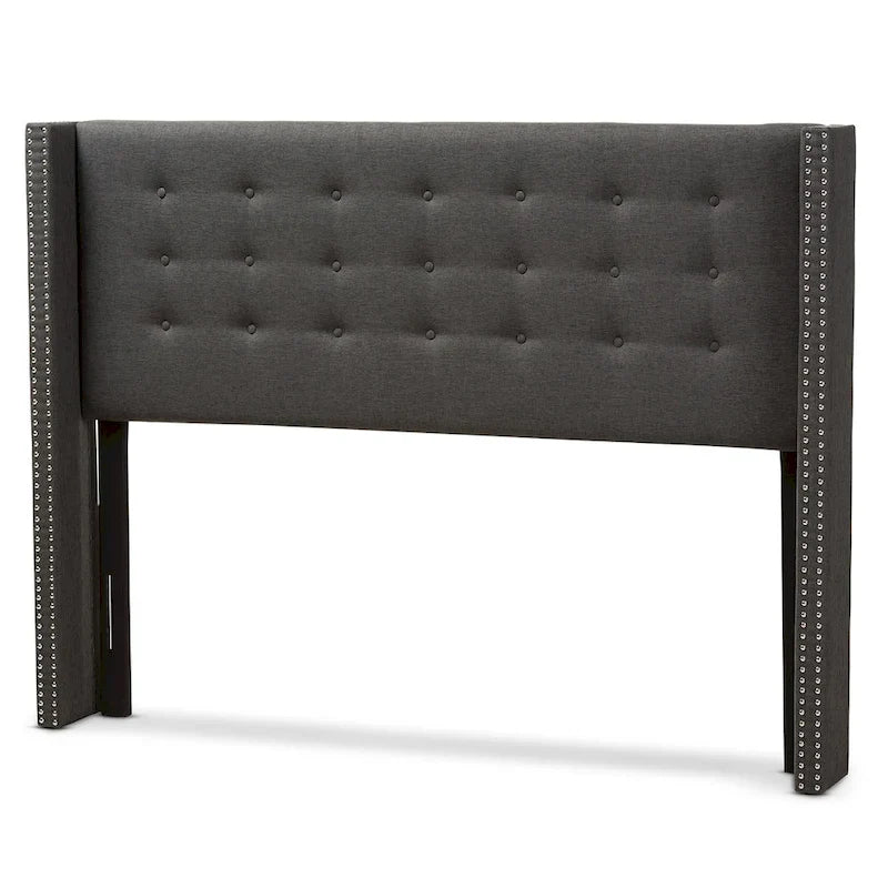 Contemporary Winged Fabric Upholstered Headboard with Diamond Button Tufting and Silver Nail Head Trim