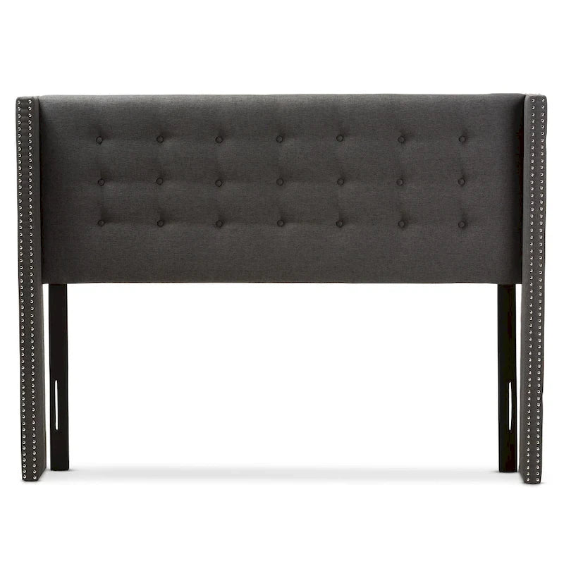 Contemporary Winged Fabric Upholstered Headboard with Diamond Button Tufting and Silver Nail Head Trim