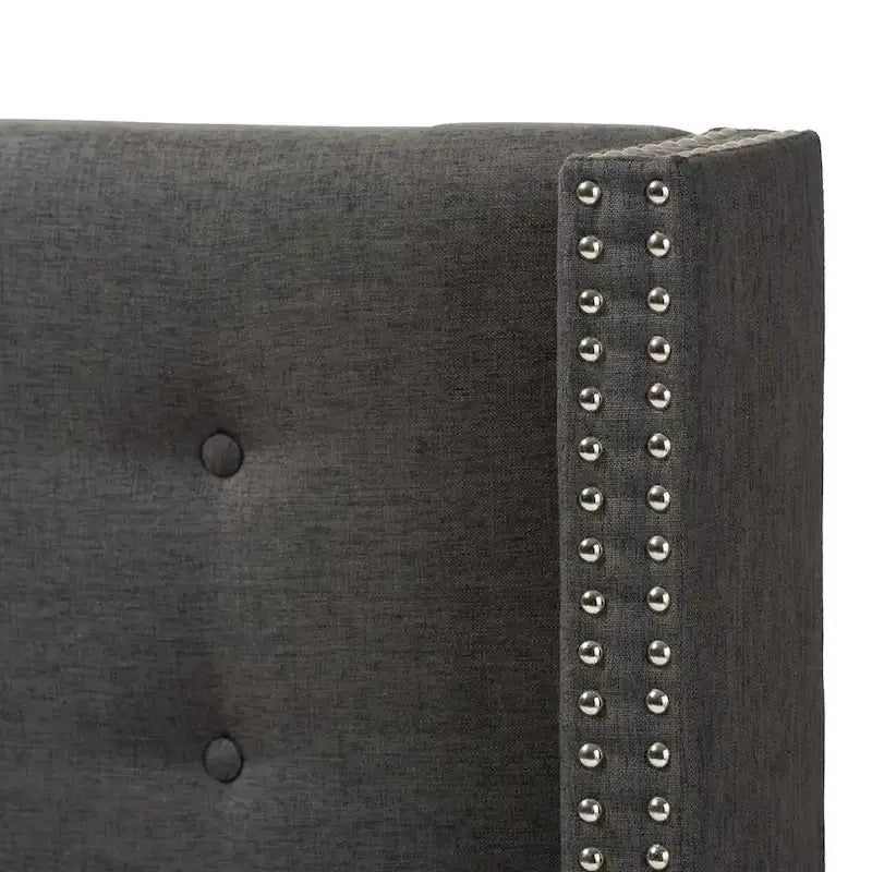 Contemporary Winged Fabric Upholstered Headboard with Diamond Button Tufting and Silver Nail Head Trim