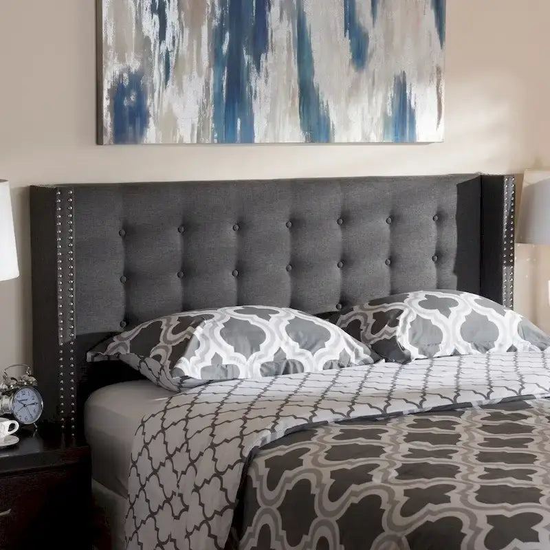 Contemporary Winged Fabric Upholstered Headboard with Diamond Button Tufting and Silver Nail Head Trim