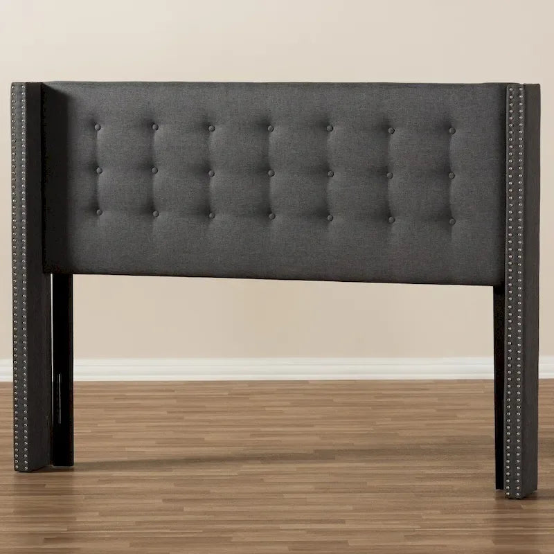 Contemporary Winged Fabric Upholstered Headboard with Diamond Button Tufting and Silver Nail Head Trim