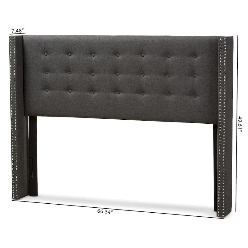 Contemporary Winged Fabric Upholstered Headboard with Diamond Button Tufting and Silver Nail Head Trim