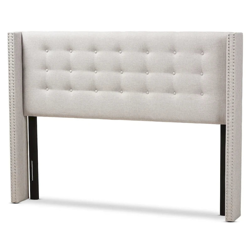 Contemporary Winged Fabric Upholstered Headboard with Diamond Button Tufting and Silver Nail Head Trim