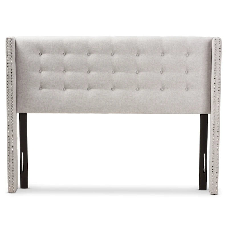 Contemporary Winged Fabric Upholstered Headboard with Diamond Button Tufting and Silver Nail Head Trim