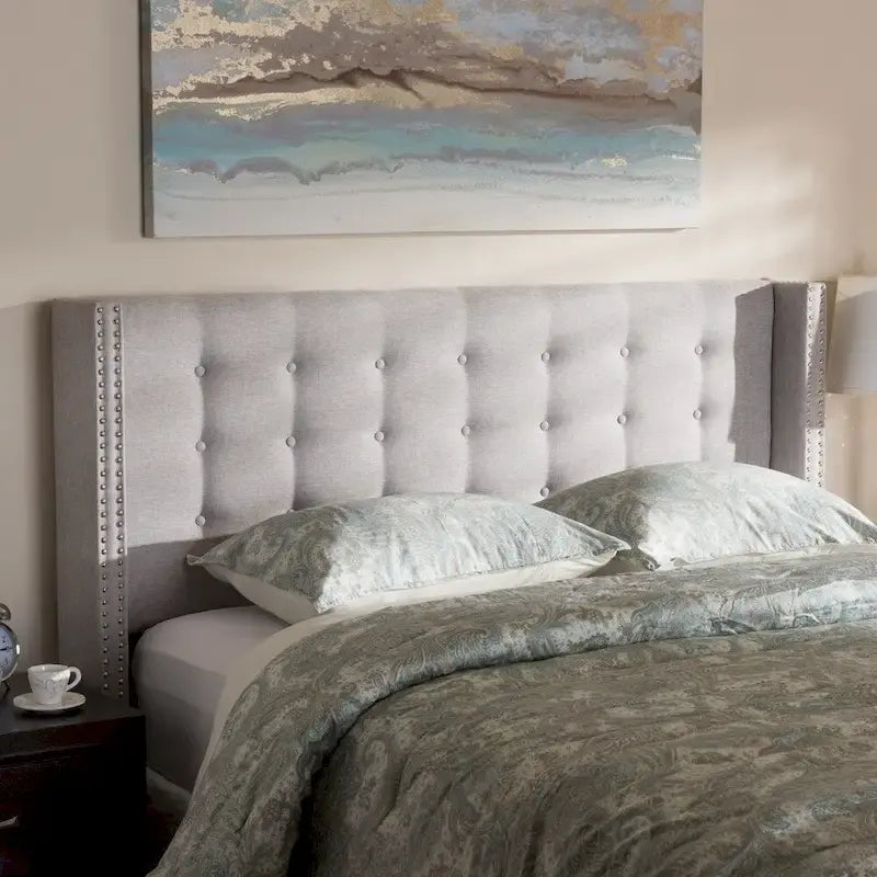 Contemporary Winged Fabric Upholstered Headboard with Diamond Button Tufting and Silver Nail Head Trim