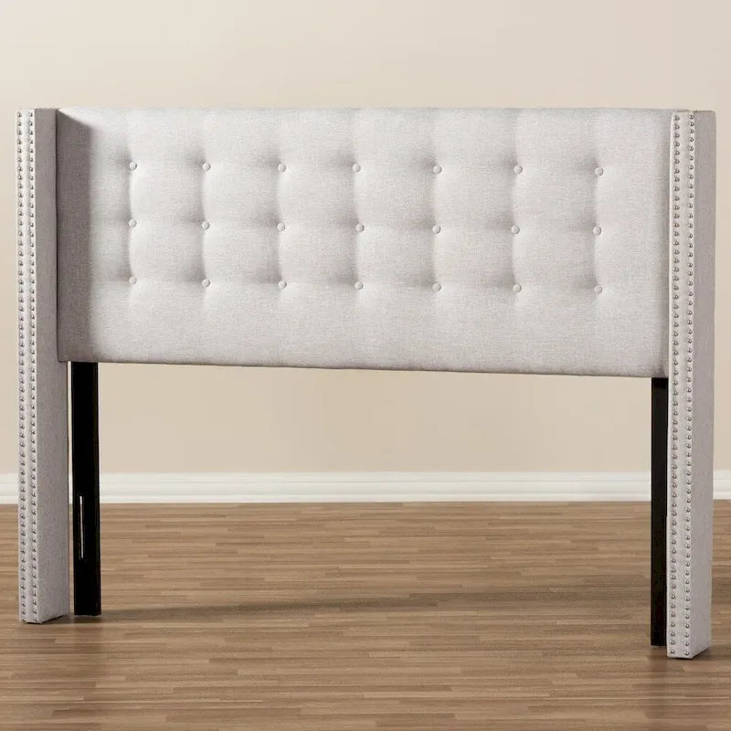 Contemporary Winged Fabric Upholstered Headboard with Diamond Button Tufting and Silver Nail Head Trim