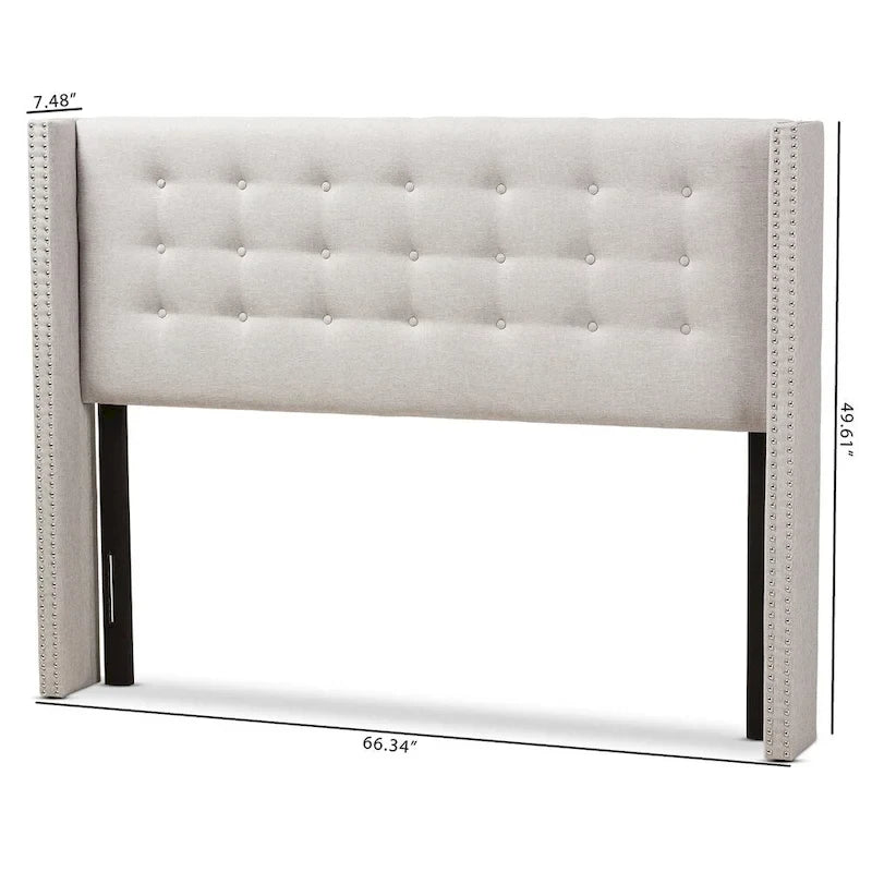 Contemporary Winged Fabric Upholstered Headboard with Diamond Button Tufting and Silver Nail Head Trim