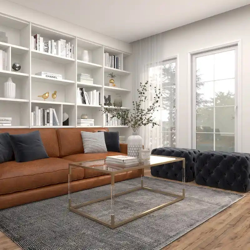 Zwarte, cognac- of grijze moderne glam-ottomanbank van hout en getufte stof
