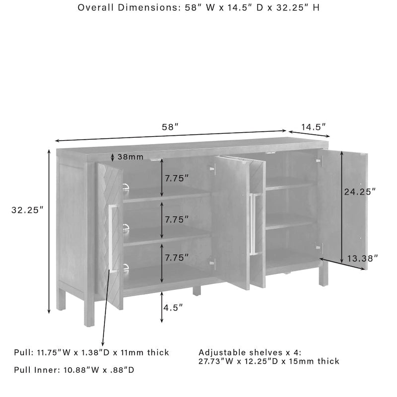 Credenza moderna con ante a motivo spina di pesce e ripiani interni regolabili