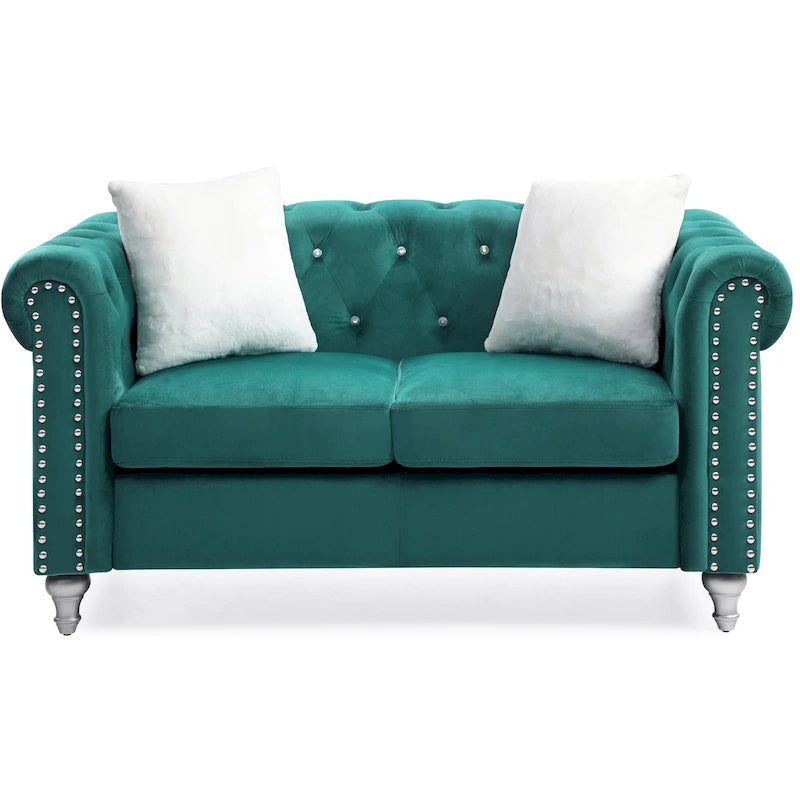 60-Inch Velvet 2-Seater Chesterfield Sofa with Throw Pillows