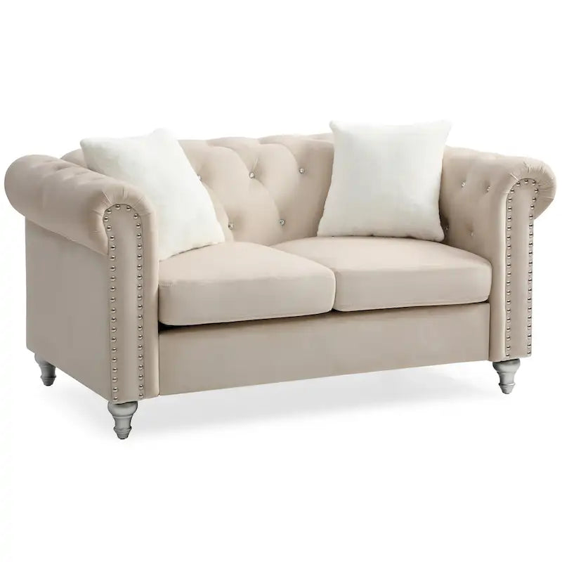 60-Inch Velvet 2-Seater Chesterfield Sofa with Throw Pillows